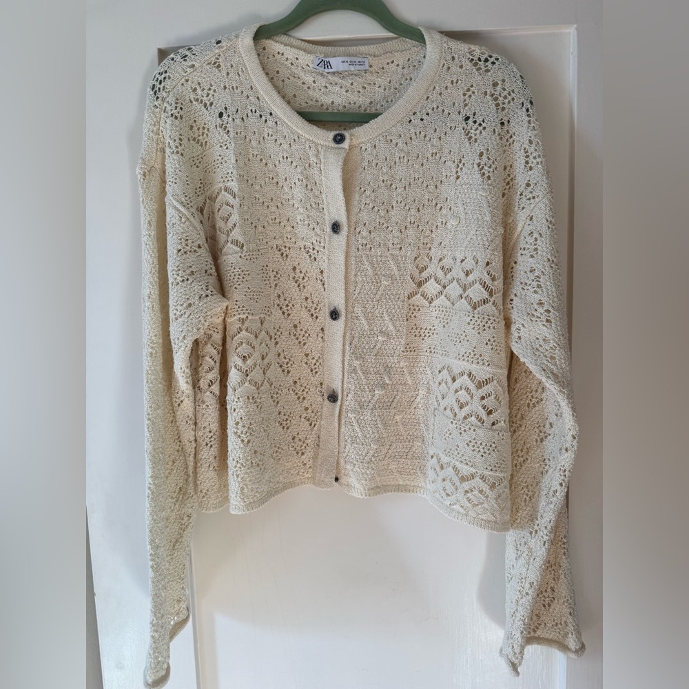 Zara Cream Knit Cardigan with Rhinestone Buttons NEVER WORN. Size XL.